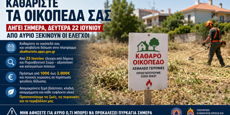 Τελευταία ημέρα για τον καθαρισμό οικοπέδων – Από αύριο ξεκινούν έλεγχοι και πρόστιμα