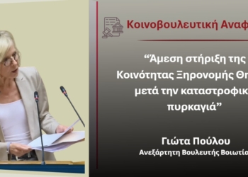Πούλου: “Άμεση στήριξη της Κοινότητας Ξηρονομής Θηβών μετά την καταστροφική πυρκαγιά”